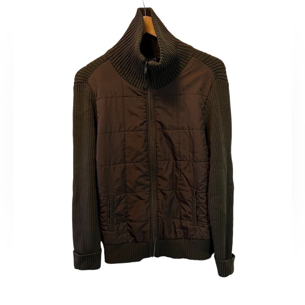 B.U.M. COLLECTION Knit Quilted Front Cuffed Sleeve High Neck Zip Sweater Jacket